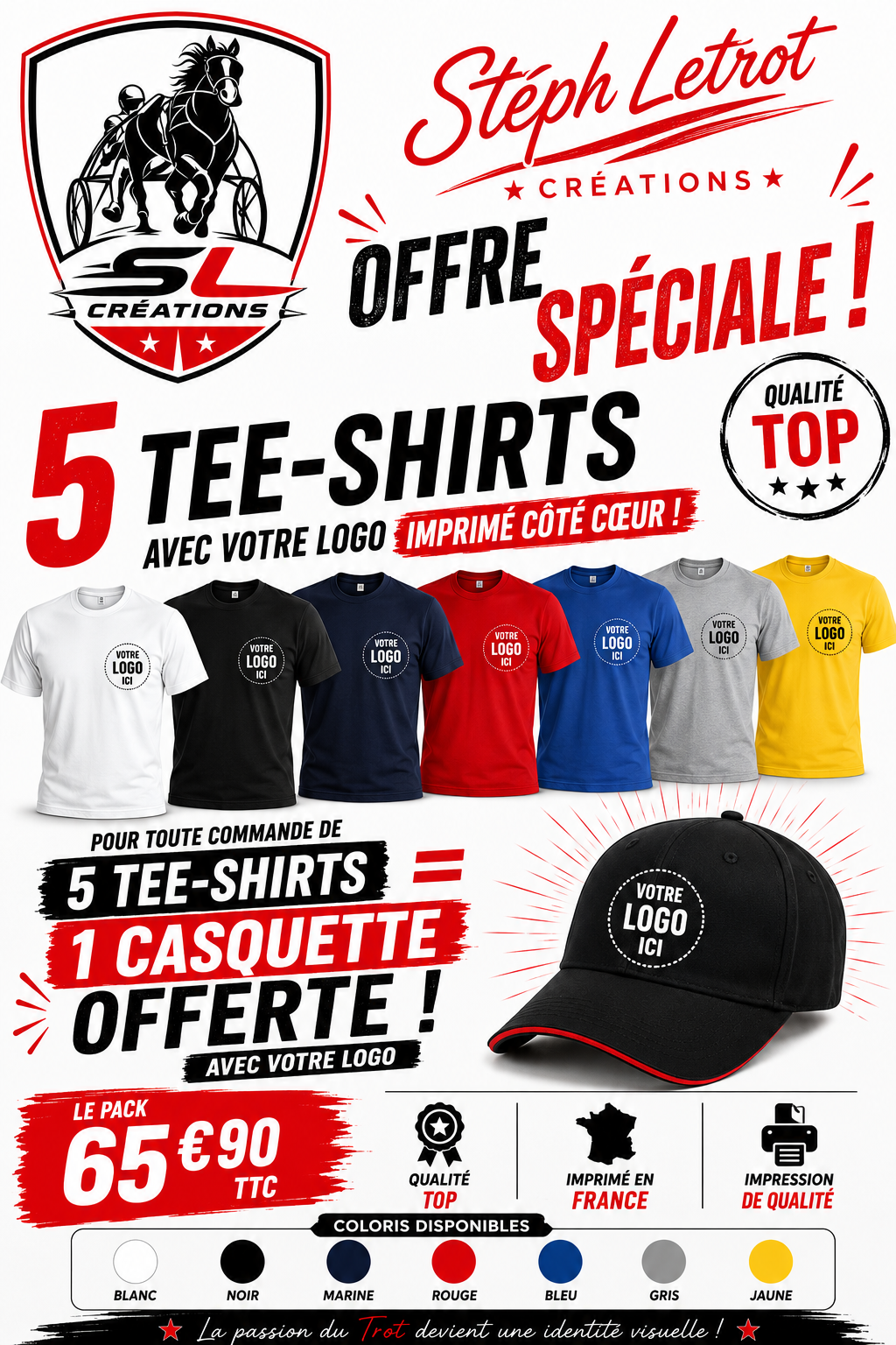 Pack 5 tee-shirts personnalisés avec casquette offerte