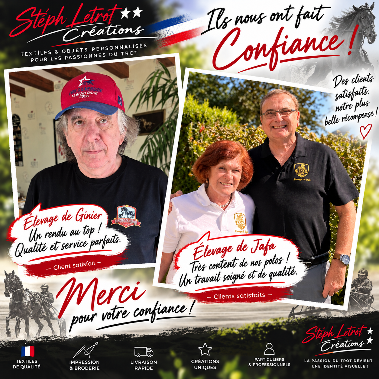 Deux clients avec leurs tee-shirts et polos brodés